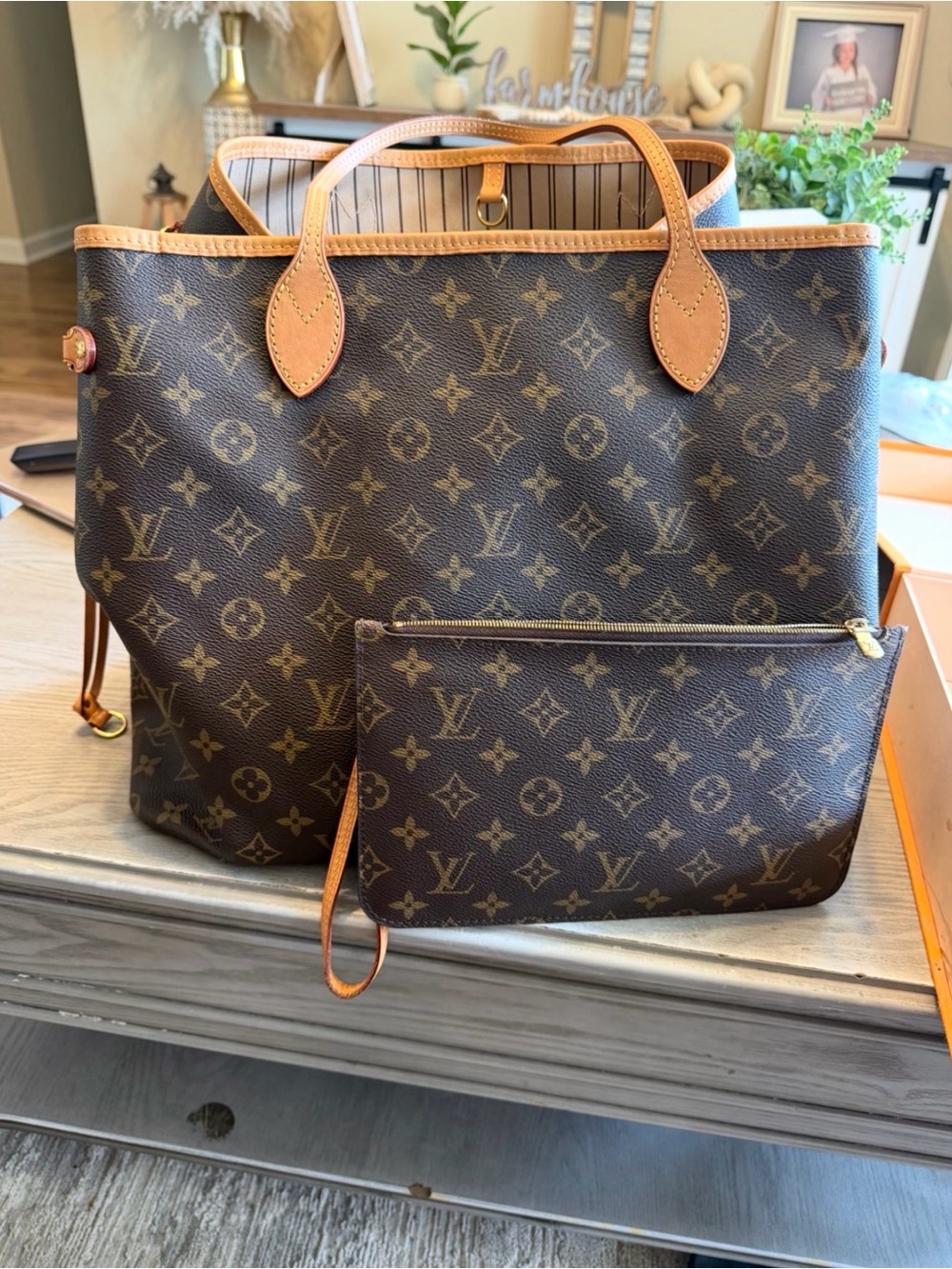 Louis Vuitton Brown Monogram Canvas Tote with Tan Trim and Pouch